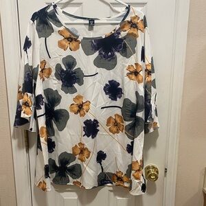 White Floral Scoop Neck Women’s Top with Mustard & Slate Blooms